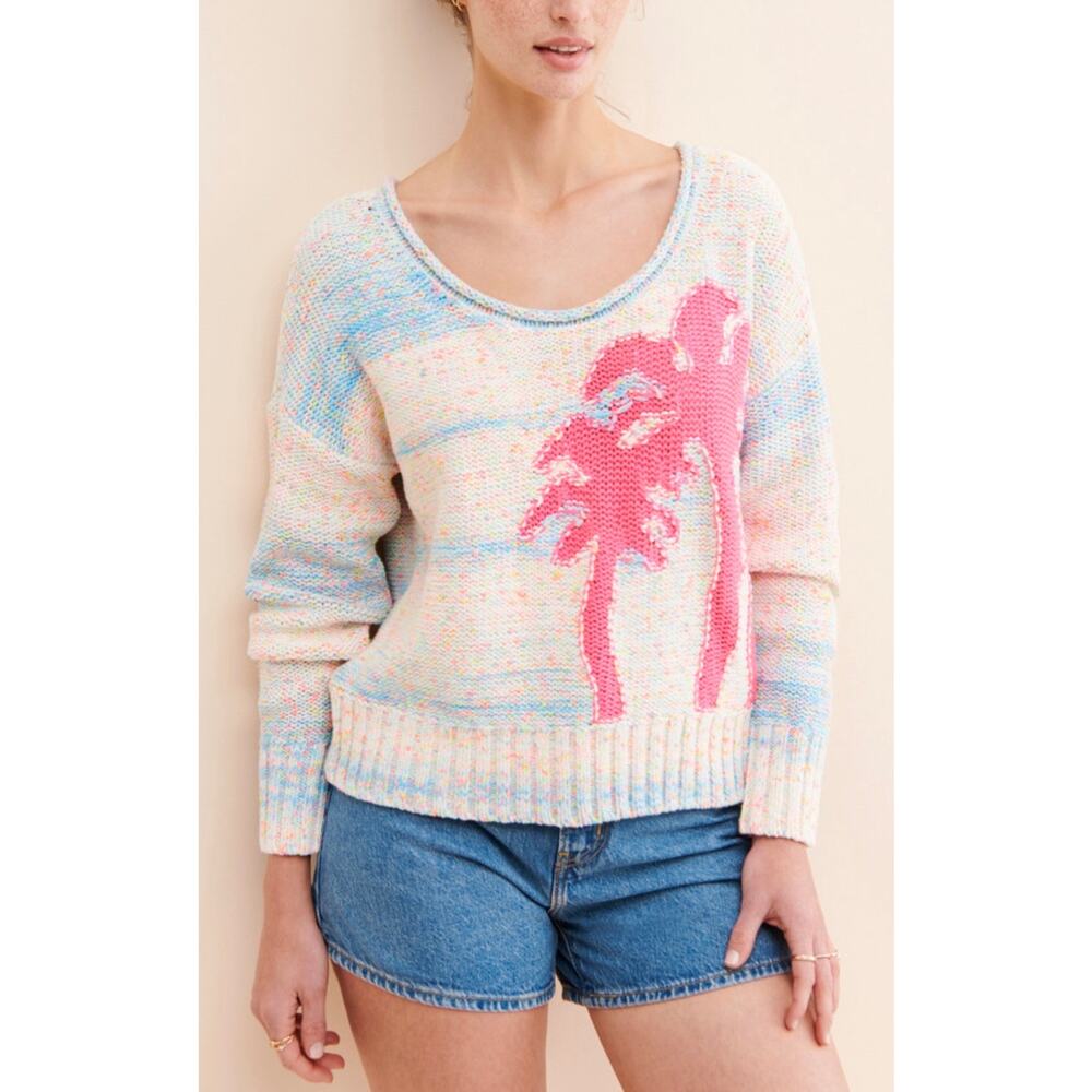 Anthropologie‎ Palm Tree Boat-Neck Sweater Pink Combo Size Small